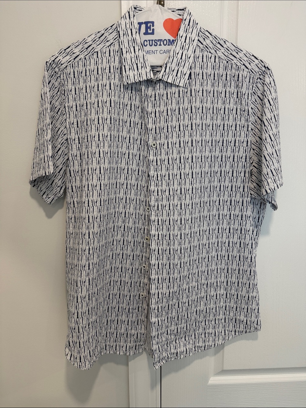 Bugatchi White Short-Sleeve Button-Up Shirt with Navy Print